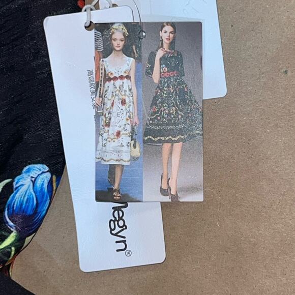 By Megan black floral embroidered dress womens M square neck midi 3/4 sleeve NWT - Picture 7 of 13